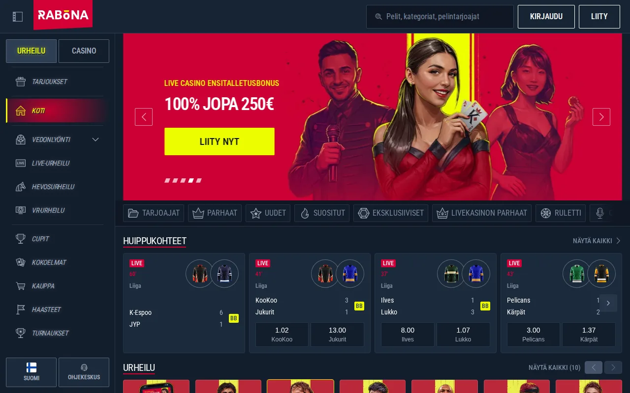 Startseite von rabona.com (Screenshot)