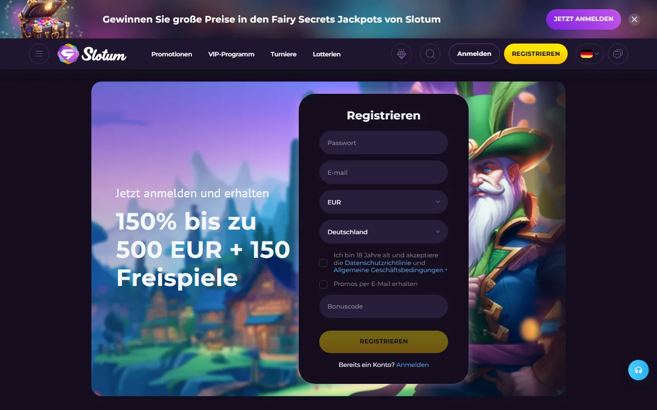 Startseite von slotum.com (Screenshot)